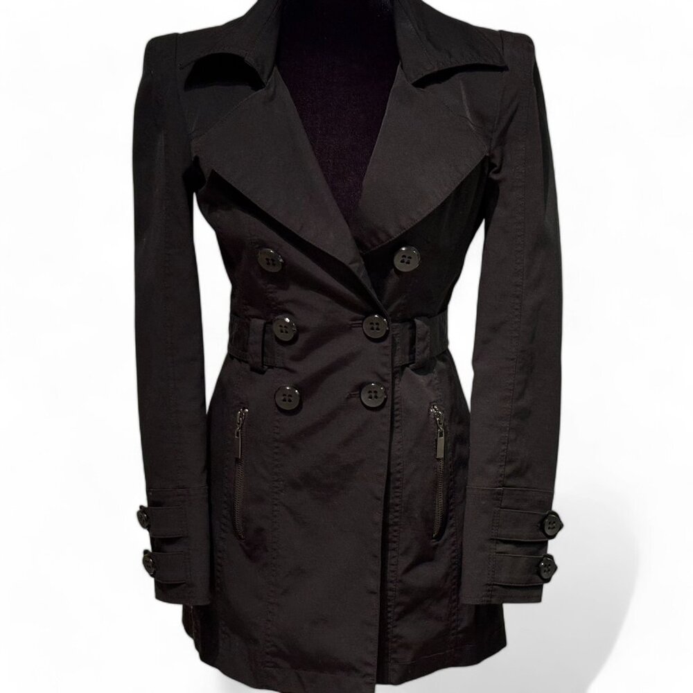 Blanc Noir Black Button Double Breasted Classic Fitted Trench Coat Size XS